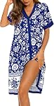 YOZLY Womens Cotton House Dress Short Sleeve Button Down Nightgown with Pockets V Neck Floral Housecoat Soft Lounge Sleepwear