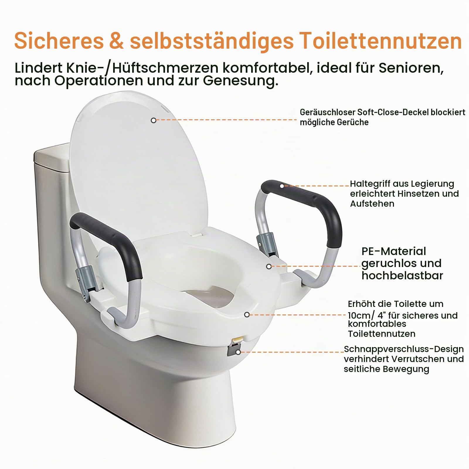 Toilettensitzerhöhung für Erwachsene mit Armlehnen und Deckel, Erhöhter Toilettensitz für Erwachsene, Erhöhter Toilettensitz mit Deckel, Toillettenaufsatz für Senioren, Breite Einstellbar (10cm hoch)