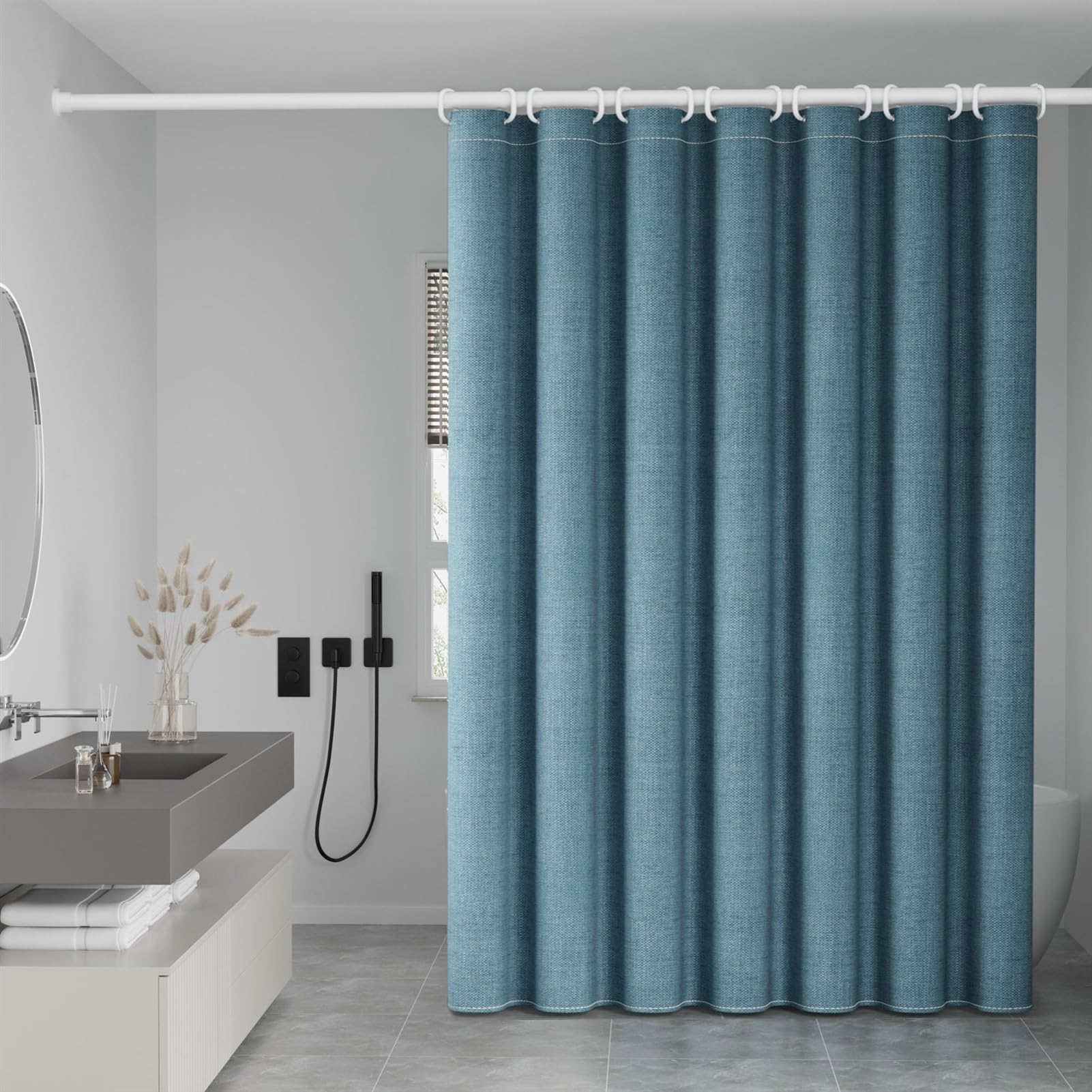 Cortina de ducha de lino azul impermeable 150x180 cm para bañera