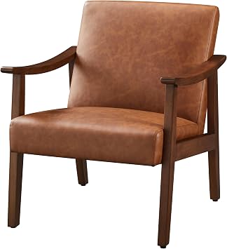 Topeakmart Faux Leather Accent Chair, Mid Century Leisure Chair with Wooden Frame, Modern Barrel Chair for Living Room Bedroom, Brown