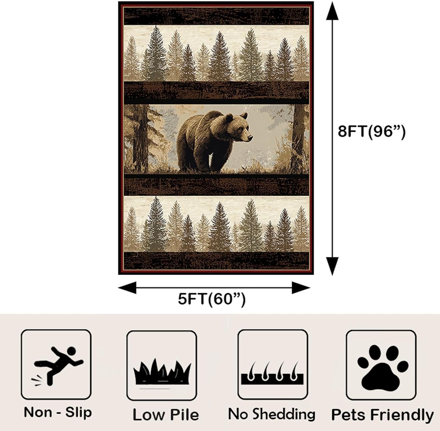 Rustic Bear Rug 5x8 ft for Cabin or Lodge Decor, Wildlife Forest Tree Scene, Soft Washable Non-Slip Carpet for Country Living Room, Bedroom, Entryway, Vintage Style Accent Mat