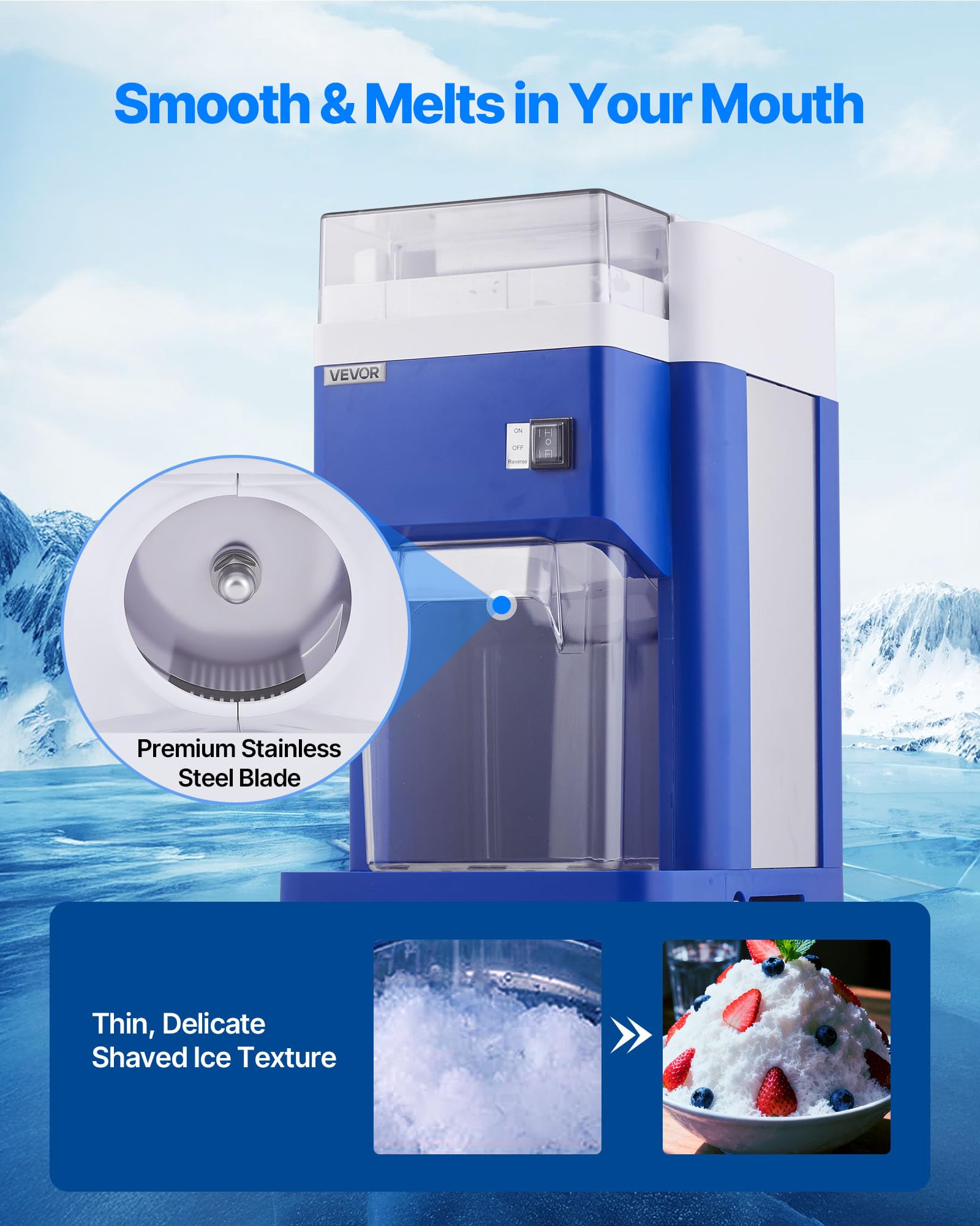 VEVOR Macchina per Ghiaccio Tritato per Coni di Neve Commerciale da 1,8L, Tritaghiaccio per Coni di Neve Fine Soffice con Motore da 300 W Lame in Acciaio Inox, Tritaghiaccio per Preparazione Dolci