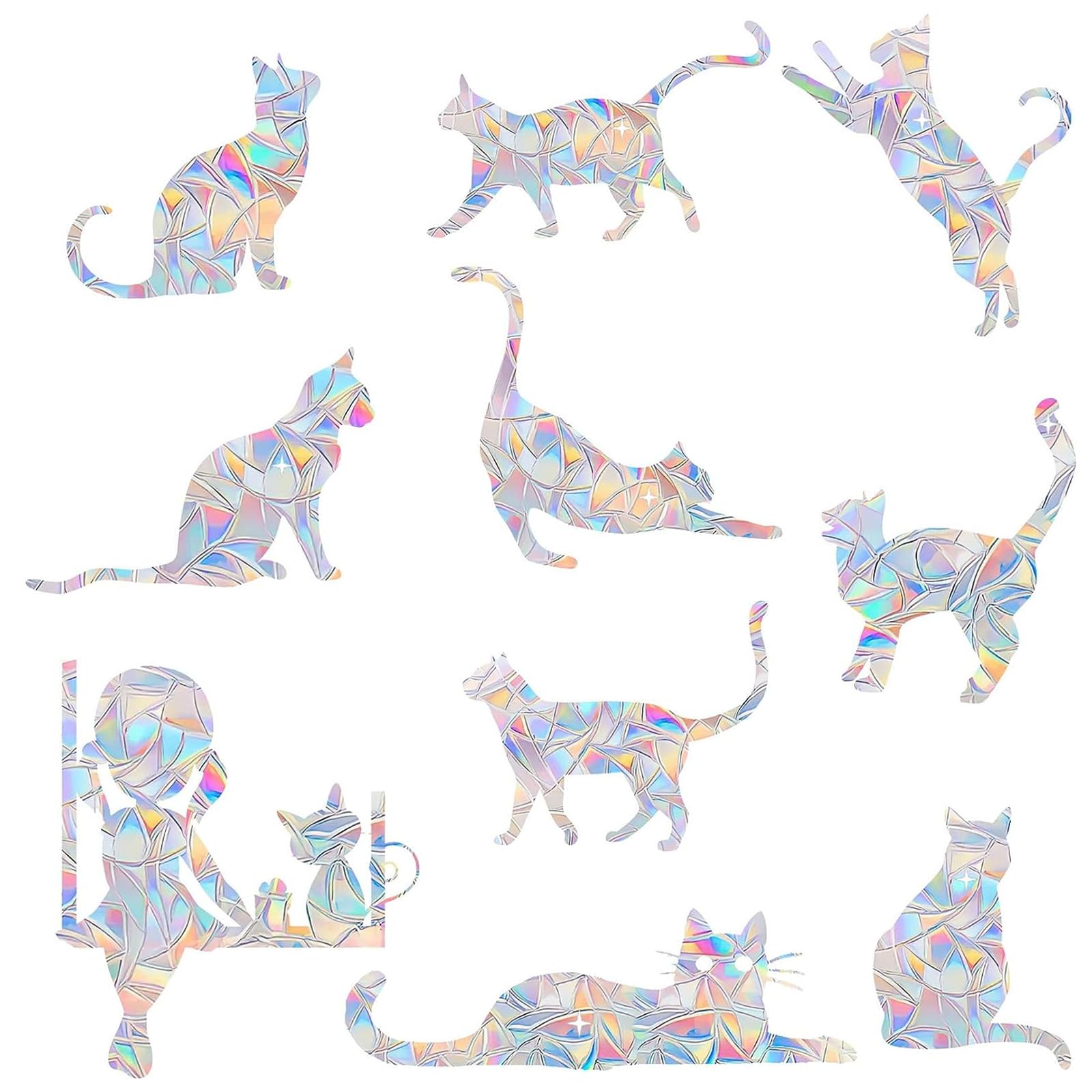 33PCS Cat Window Clings - Anti-Collision Decals to Save Birds From Collisions, Non-Adhesive Prismatic Vinyl Clings (Cat)
