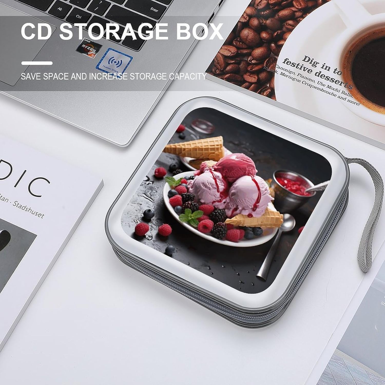 Raspberry Ice Cream CD Case,Hard Plastic CD Storage,Portable DVD Wallet,Portable DVD, Holder VCD Organizer Wallet,Protective VCD Storage