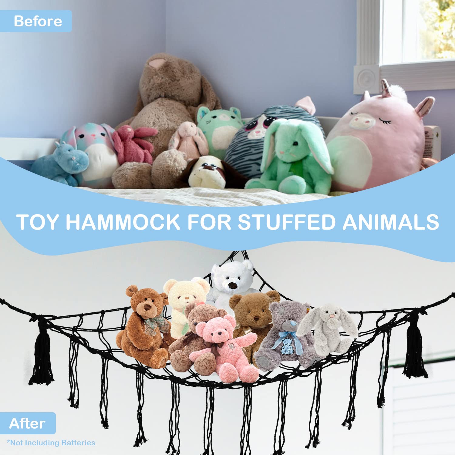 BENBOR Hamaca de macramé de animales de peluche, red para colgar en la pared, soporte de red de cuerda de estilo bohemio, organizador de almacenamiento de esquina colgante para niños, juguetes