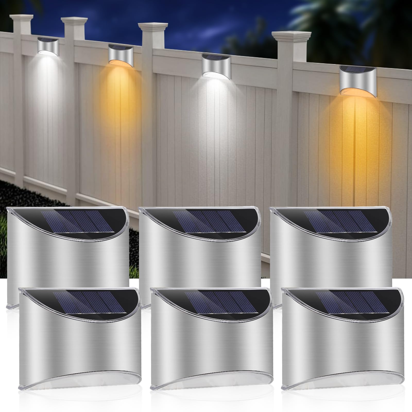 NEWNENStainless Steel Solar Wall Lights: Solar Garden Fence Lights Outdoor Waterproof for Patio Fence Pathway Driveway House Front Door Outside - 6 LEDs, 3 are for Cool White and 3 for Warm White