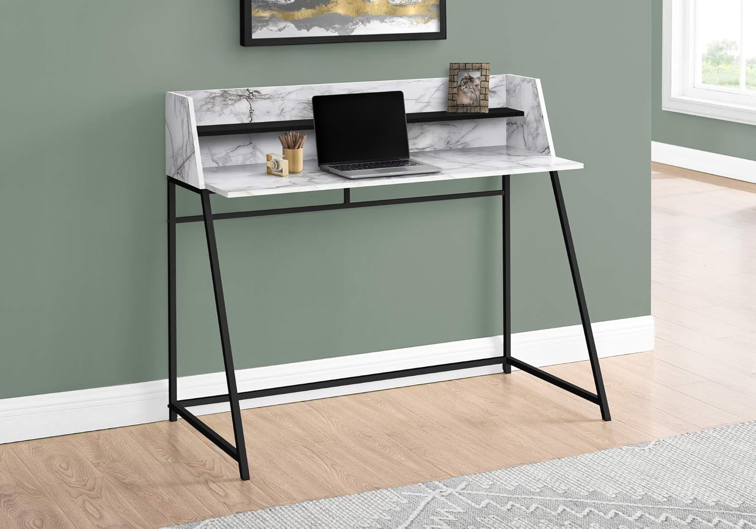 Monarch Specialties I 7549 Computer Desk, Home Office, Laptop, Storage Shelves, 48" L, Work, Metal, Laminate, White Marble Look, Black, Contemporary, Modern