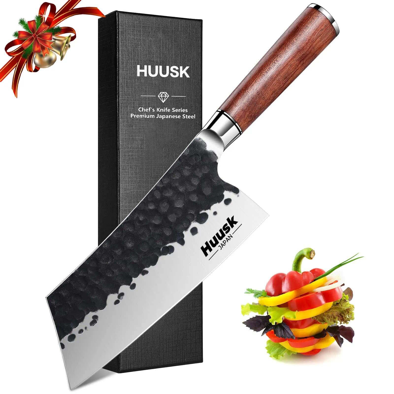 Huusk Cleaver Knife, 7" Japanese Professional Kitchen Knife, High Carbon Steel Sharp Chef Knives for Meat and Vegetable Chopping Knives with Ergonomic Rosewood Handle Christmas Gifts for Men and Women