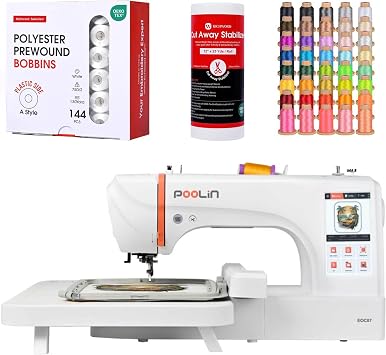 Poolin EOC07 Embroidery Machine Bundle with 40 Color Thread, 144 Bobbins, Water Soluble Topper 12x25 Yards, 12x25 Cut Away Stabilizer Roll