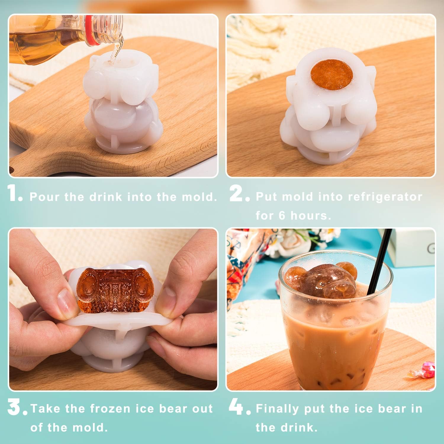 Whaline 2Pcs 3D Teddy Bear Ice Silicone Molds Ice Cube Trays Mold Silicone Animal Mold Soap Candle Mold Ice Cube for Coffee Milk Tea Candy Gummy Fondant Cake Baking Cupcake Topper Decor (2 Sizes)