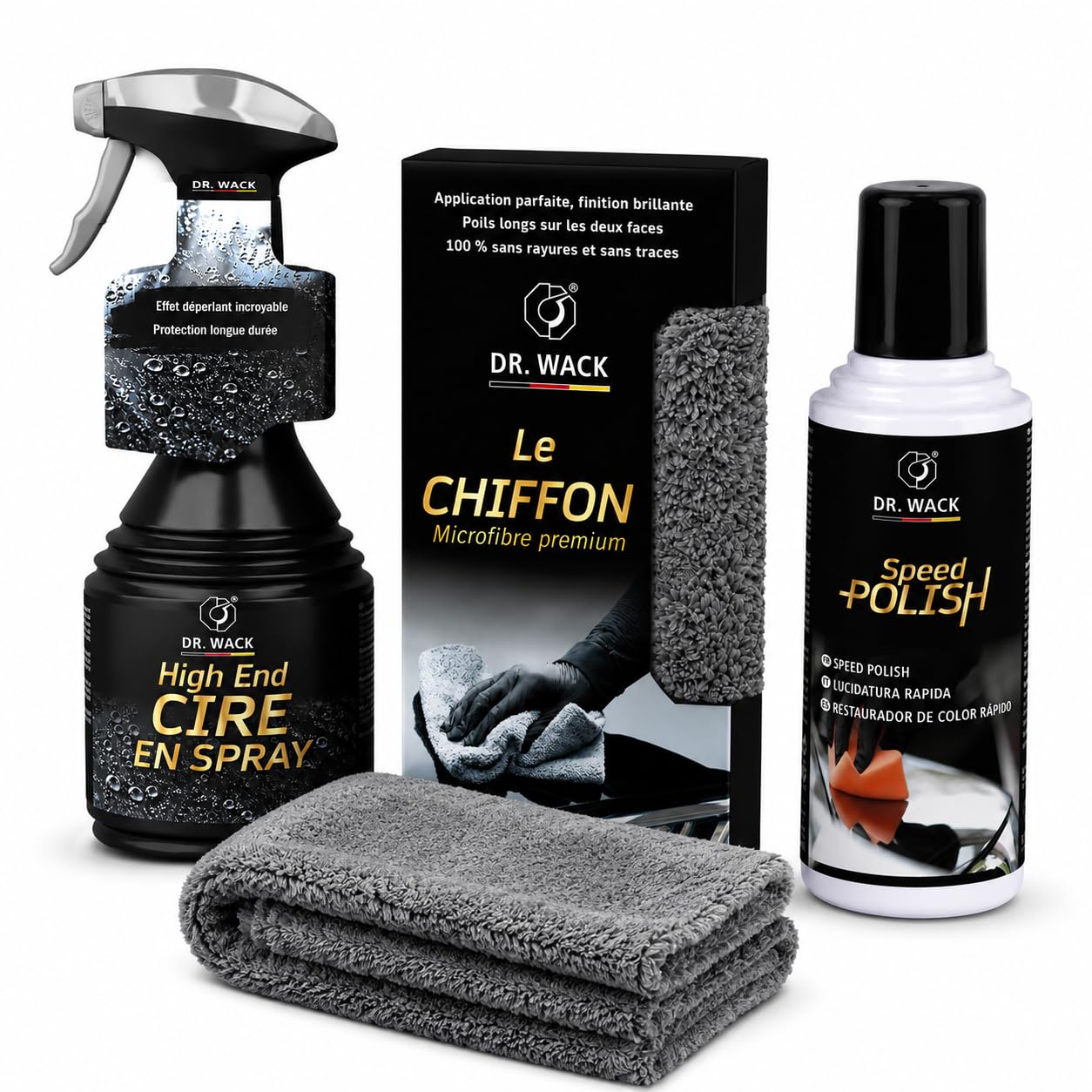 Dr. Wack - Kit Voiture Essential Gloss & Protection - High End Spray Nettoyant Jantes + Chiffon Microfirbres + Polish pour Voiture