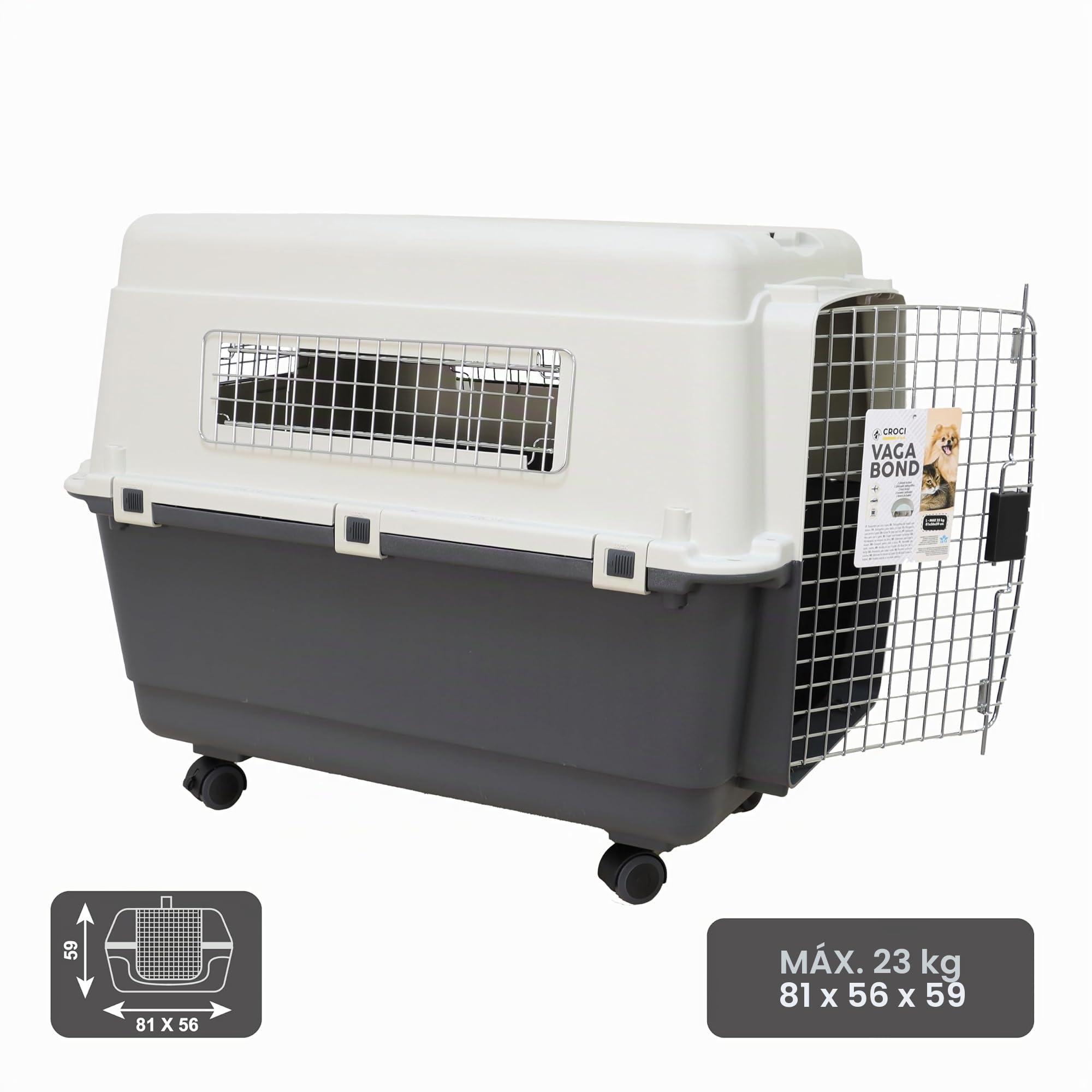 Croci Vagabond Transportín para Perros y Gatos Pequeños, Medianos, Grandes, Transportador de Coche, Rígido, con Ruedas, 2 Comederos Incluidos, Carga Máxima 23 Kg, 81 x 56 x 59 cm