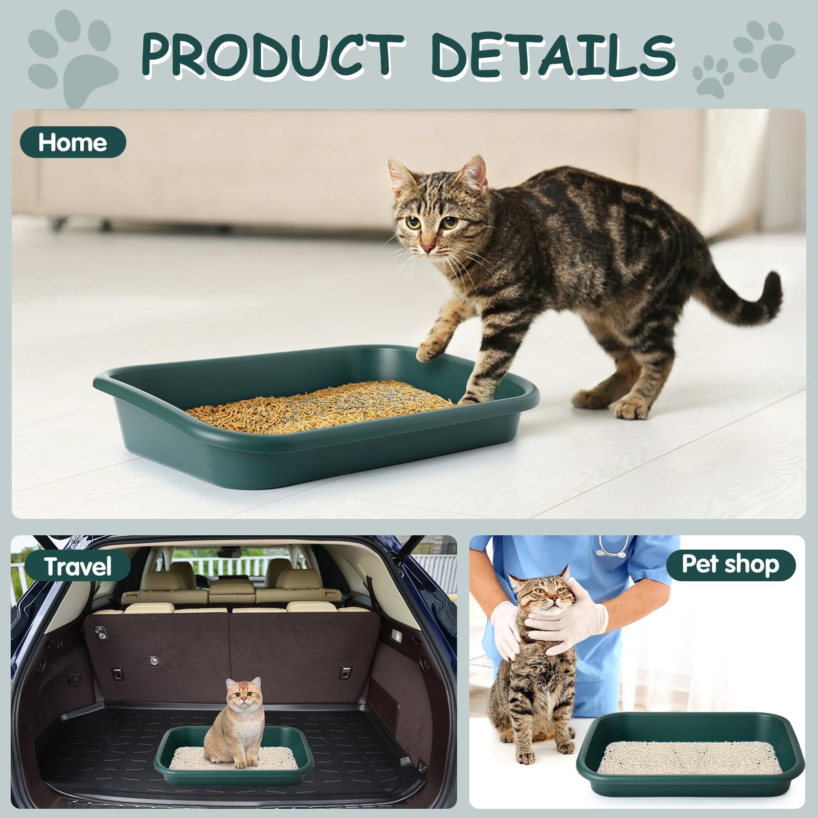 Lettiera grande per gatti anziani con ingresso basso, 3 pezzi, con apertura superiore, per gattini, grandi gatti anziani malati o disabili, 58,9 cm di lunghezza x 41,9 cm di larghezza (verde)