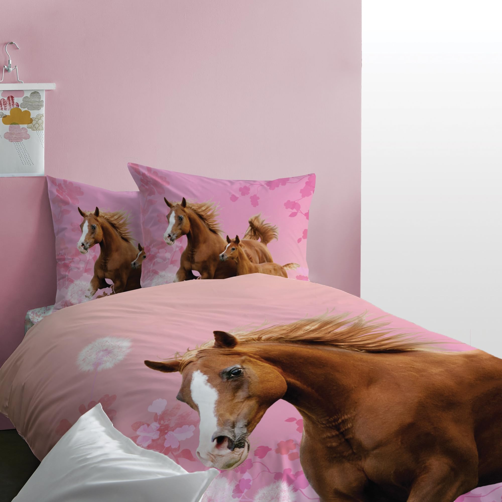 Pferd Bettwäsche Set 2-teilig 135x200 80x80 cm – Mädchenbettwäsche aus 100% Baumwolle mit Wendemotiv & Reißverschluss – Hautfreundlich & atmungsaktiv – Trocknergeeignet – Öko-TEX Zertifiziert