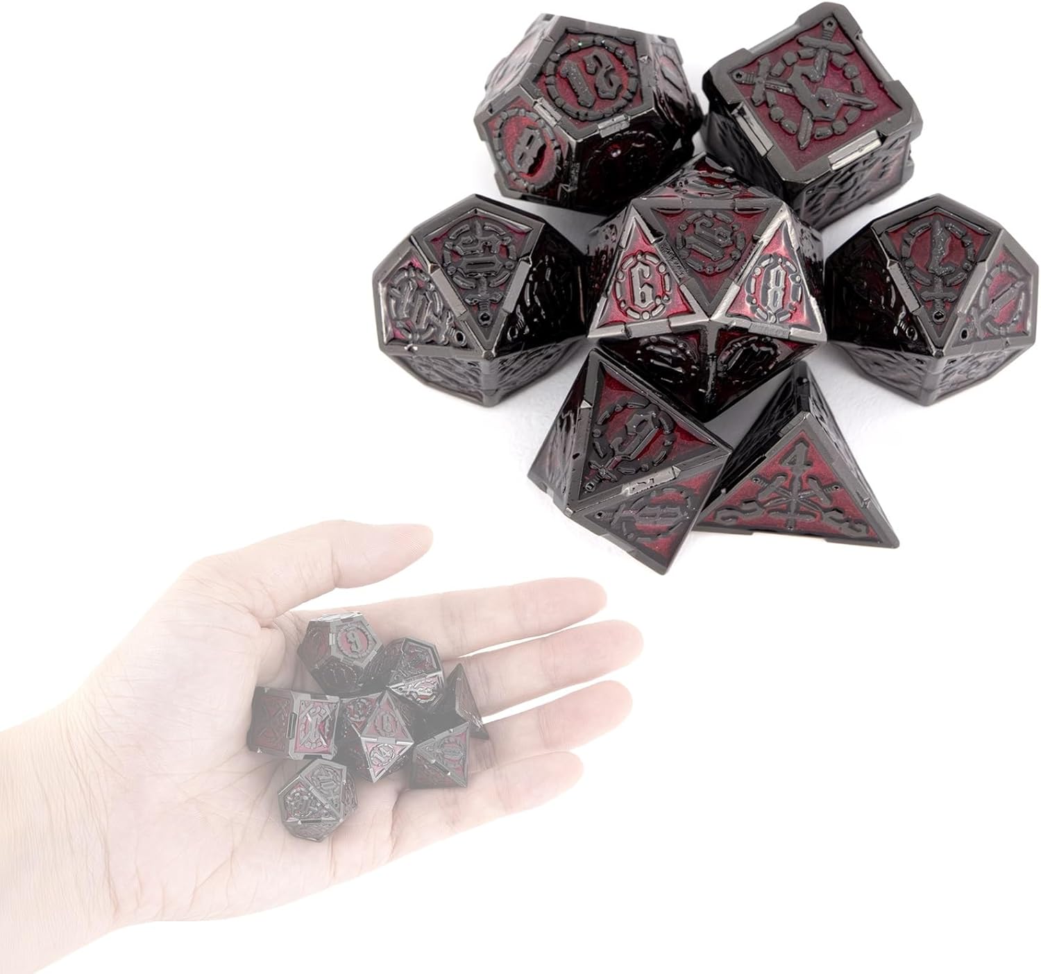 7 Piece Black and Red Twin Swords Design, Multifaceted Metal Dice, Compatible with Role Playing RPG Board Game Card Game