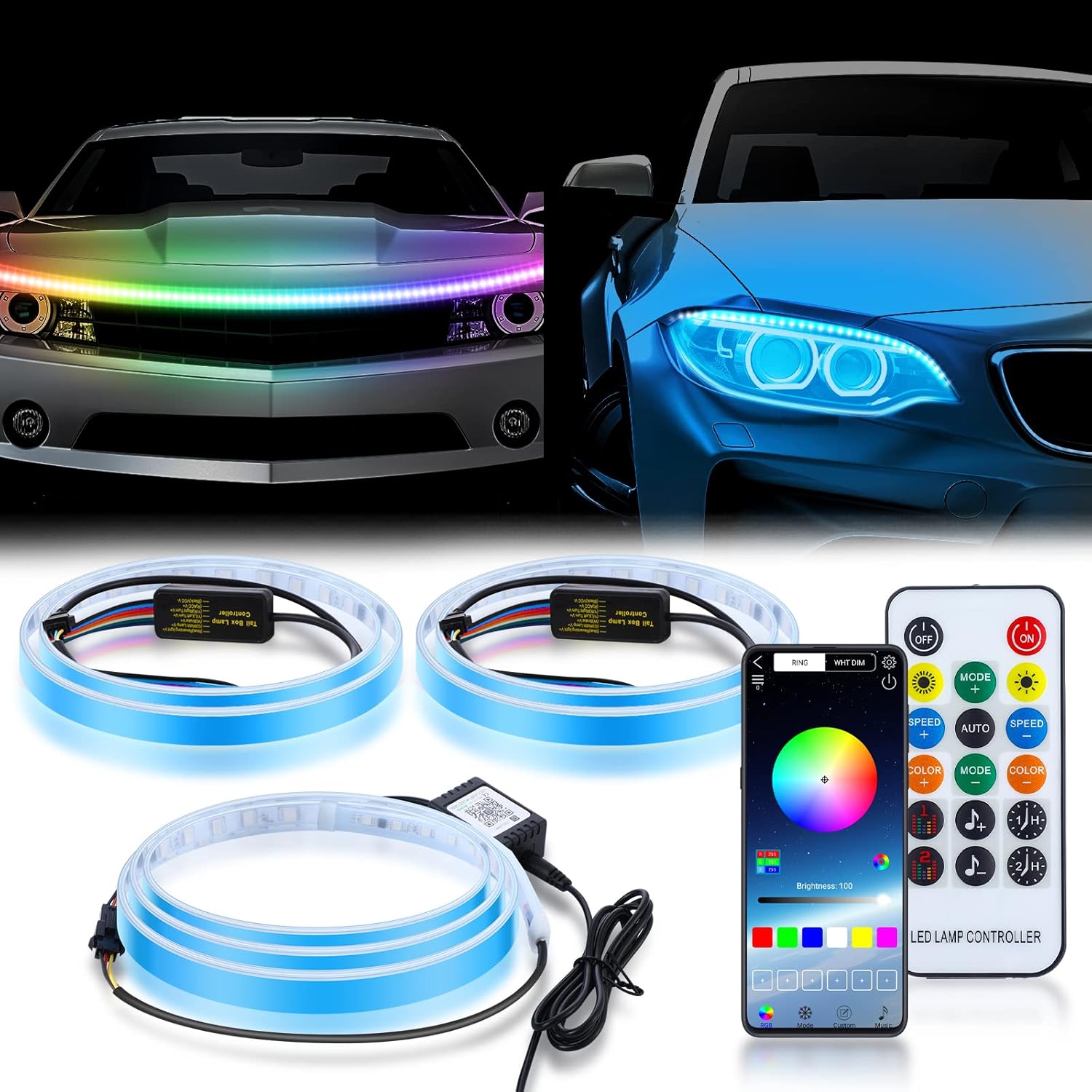 3 Pcs 70'' and 24'' Car Hood LED Light Strip Dynamic Car LED Hood Light Strip