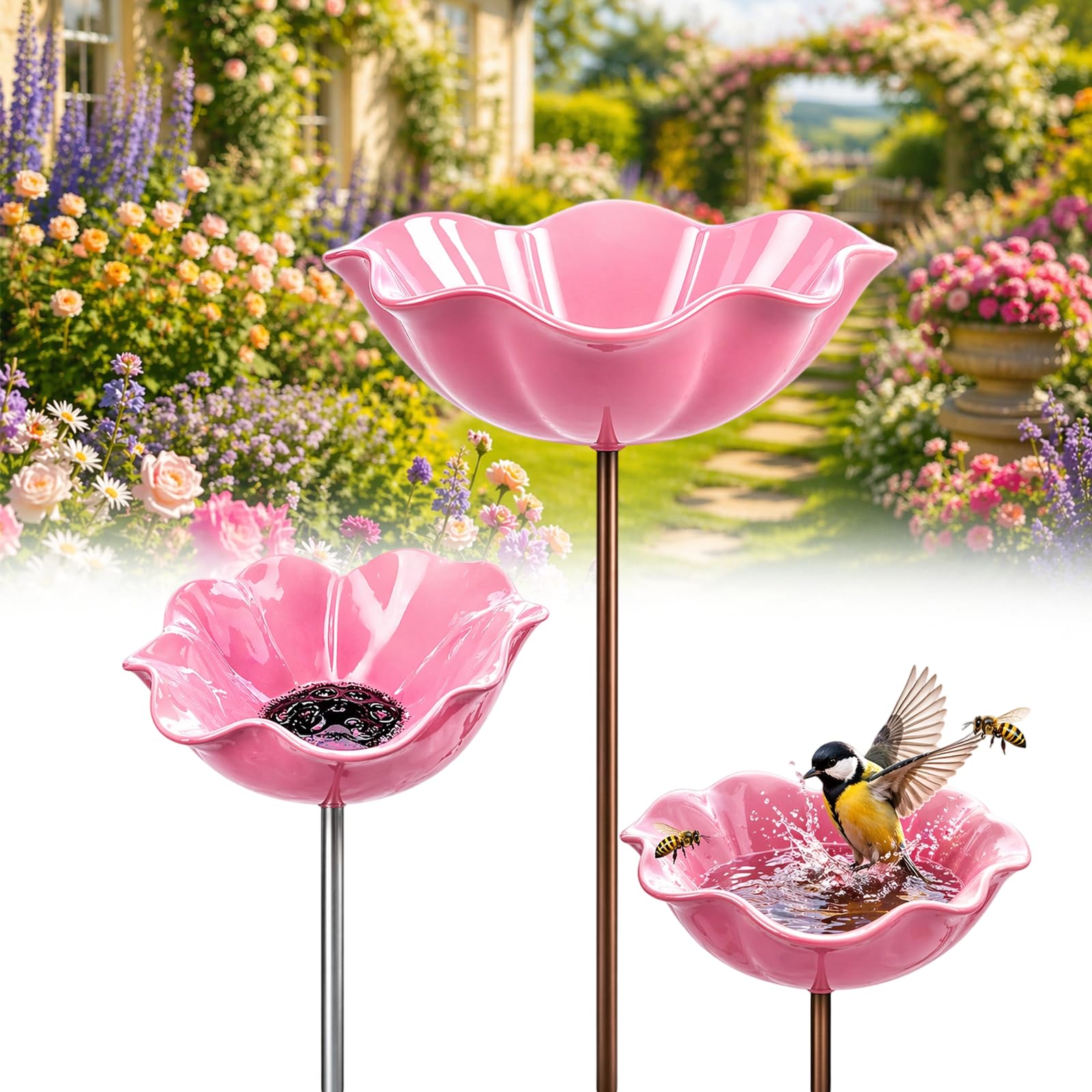 Handmade Metal Flower Garden Stake Bird Bath Bowl - Weather-Resistant Bee Watering Station & Flower Bird Feeder, Decorative Outdoor Metal Flowers for Yard Lawn Patio Decor (Pink)
