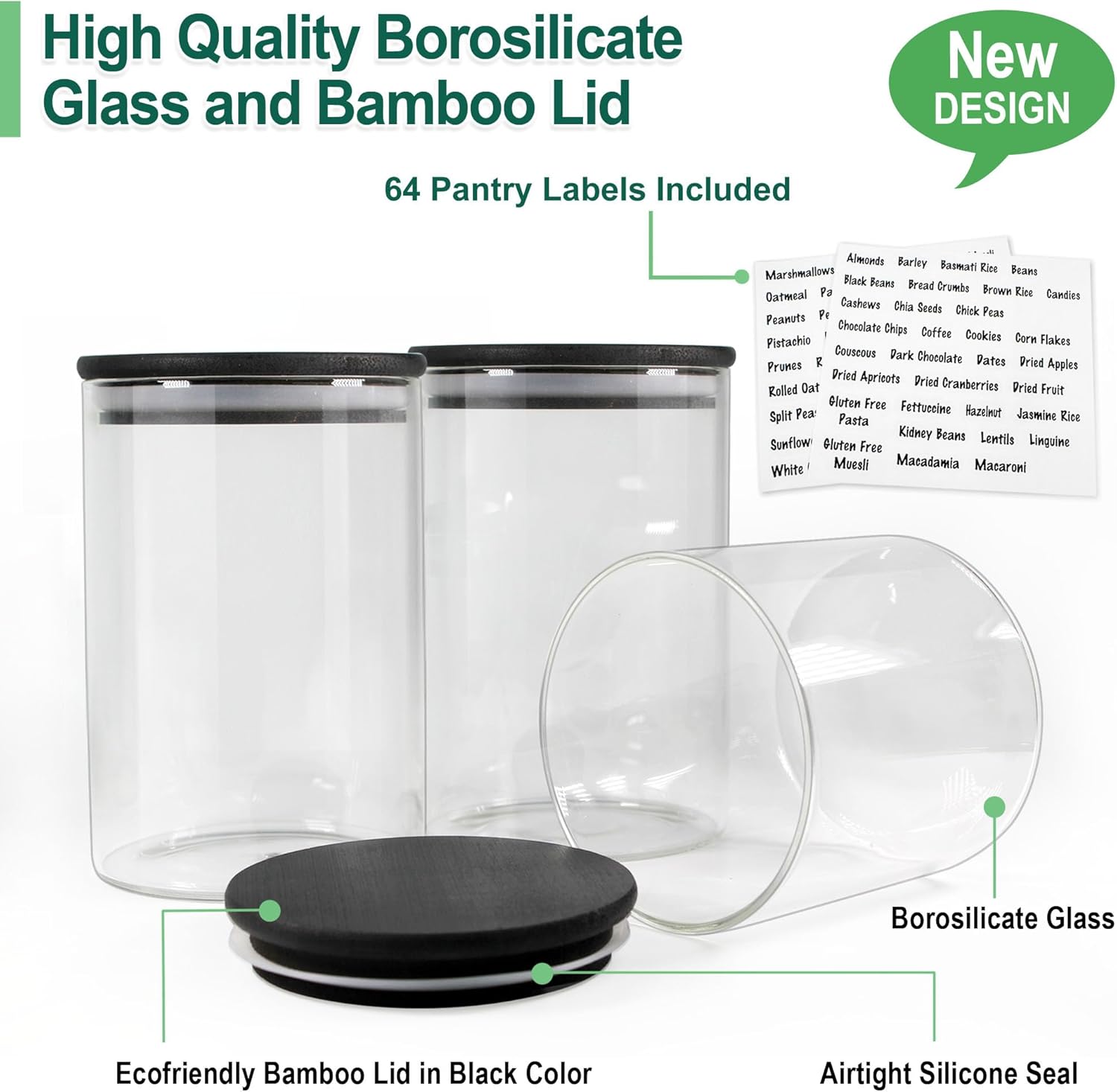 Urban Green Glass Jars with Black Lids, Glass food storage container sets with black lids, Airtight Canisters Sets with Bamboo Lids. Pantry Jar (3 Pack of 48oz) - Image 2