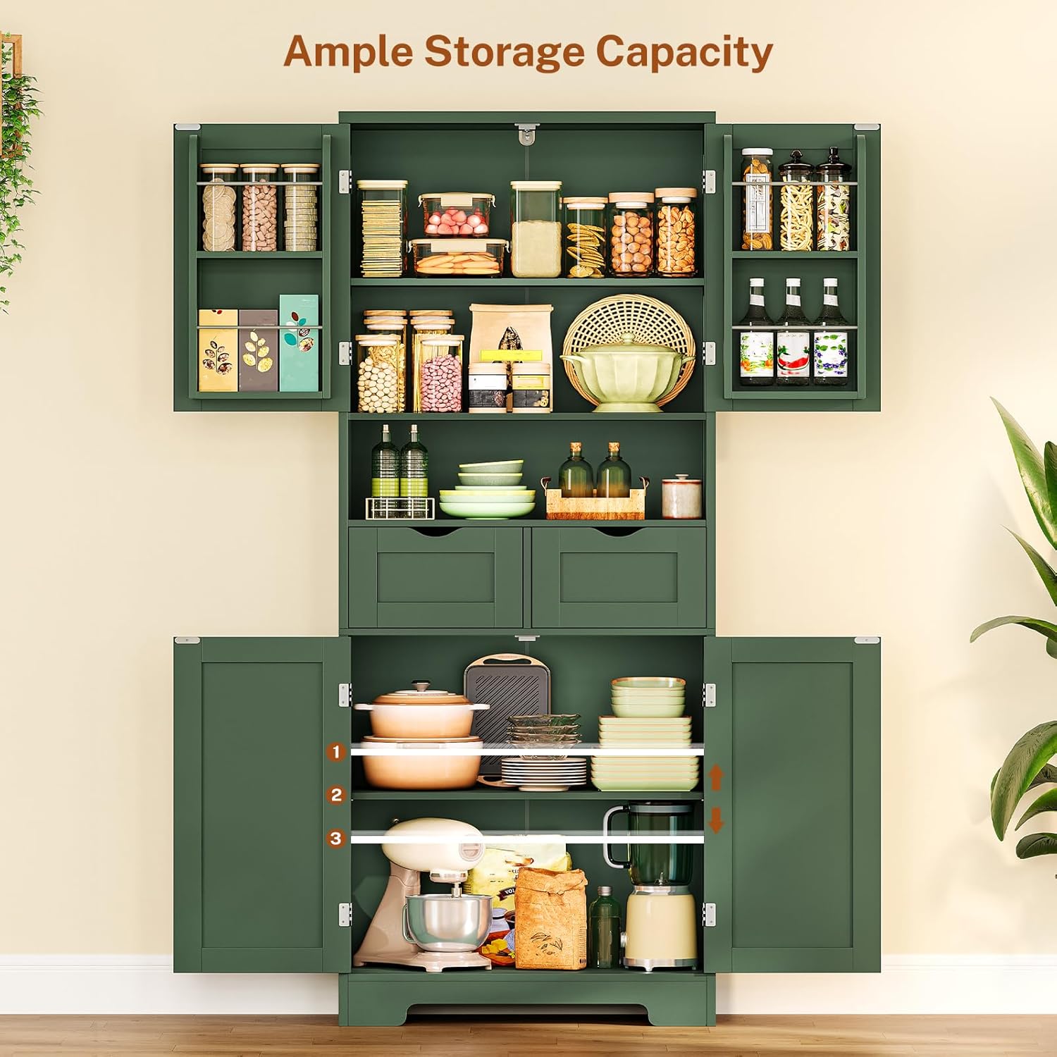 TEENFON Kitchen Pantry Cabinet with Adjustable Shelf, Tall Storage Cabinet with 2 Drawers & 4 Door Shelves, Food Pantry Cabinets, for Kitchen, Dining Room, Living Room, Green