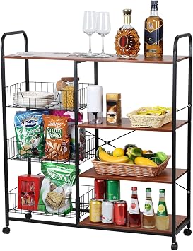 Microwave Oven Cart Stand, 36"x12"x40" Bakers Rack Snacks Storage Shelf, 4 Tier Stackable Kitchen Island with Storage Basket & Wheels Black