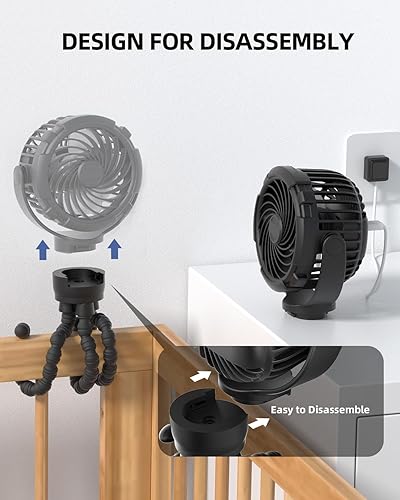 Miniatura 6 de Ventilador de cochecito, recargable con puerto tipo C, 4000 mAh, giratorio de 360°, trípode flexible de 3 velocidades, clip en cualquier lugar para