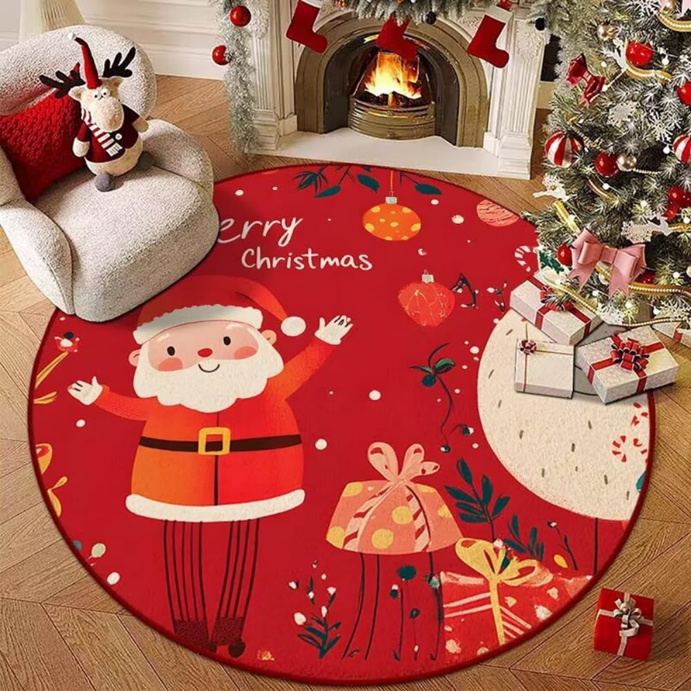 Odot Tapis Rond de Noël, Motif élan, Bonhommes, Lavable Rug de Salon, Chambre à Coucher, Ambiance Festive,Tapis Chambre, Couverture de Chevet Père Noël (Père Noël 2,160CM)