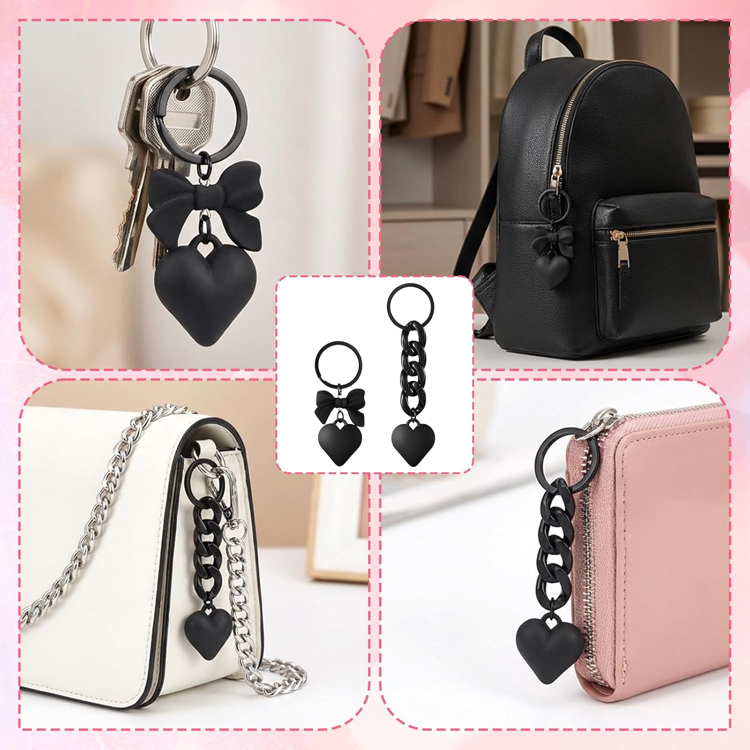 2 PCS Black Heart Purse Charm, Acrylic Bag Charms Cute Heart Bowknot Key Ring, Decorative Keys Holder for Women Bag Purse Wallet Handbag Keyring