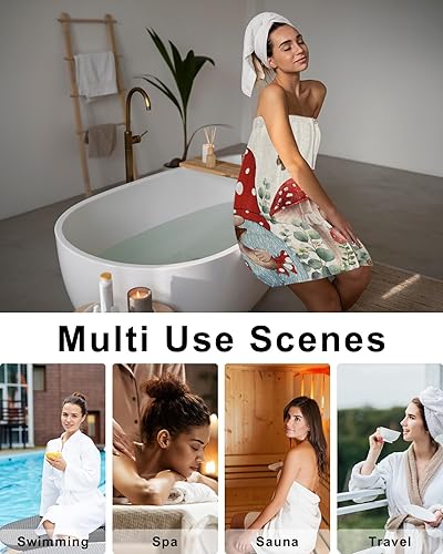 Miniatura 4 de Bata de ducha para mujer, toalla para el cuerpo, toalla de spa, gnomos de hongos rojos, suave y absorbente, con cierre a presión ajustable, diseño