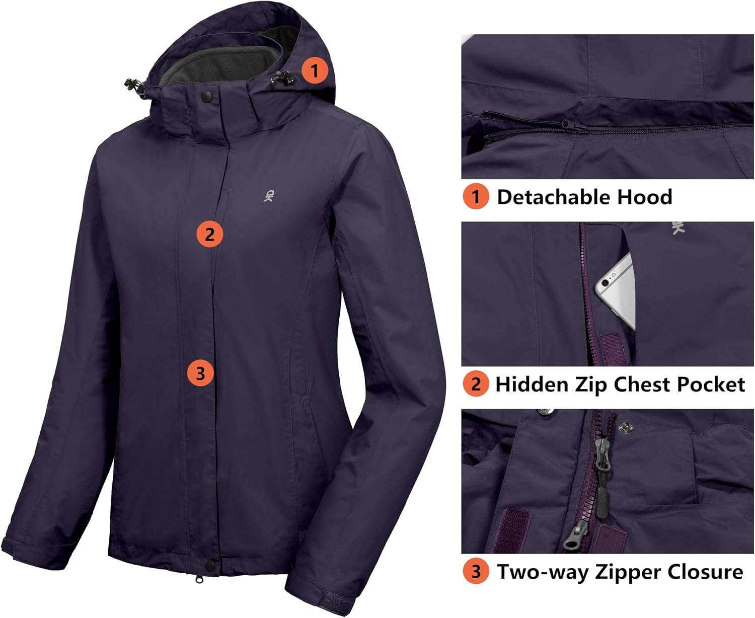 Little Donkey Andy Women's 3 in 1 Winter Ski Jacket Warm Fleece Liner Jacket Waterproof Windproof Snow Coat & Detachable Hood