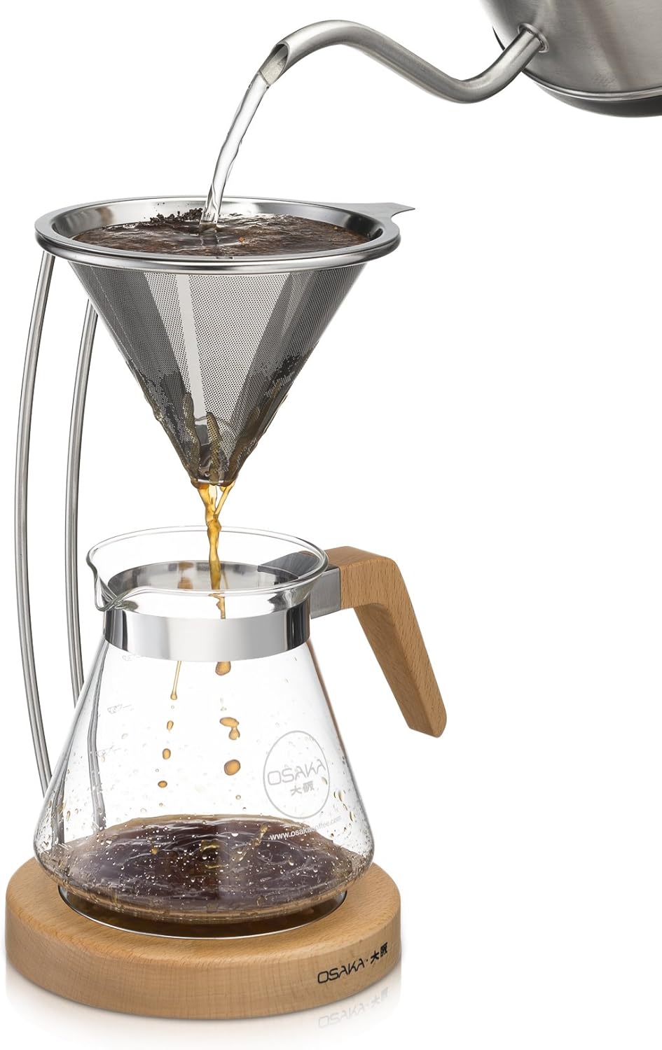 Hot water being poured over coffee grounds in the Osaka Pour-Over Coffee Dripper filter.
