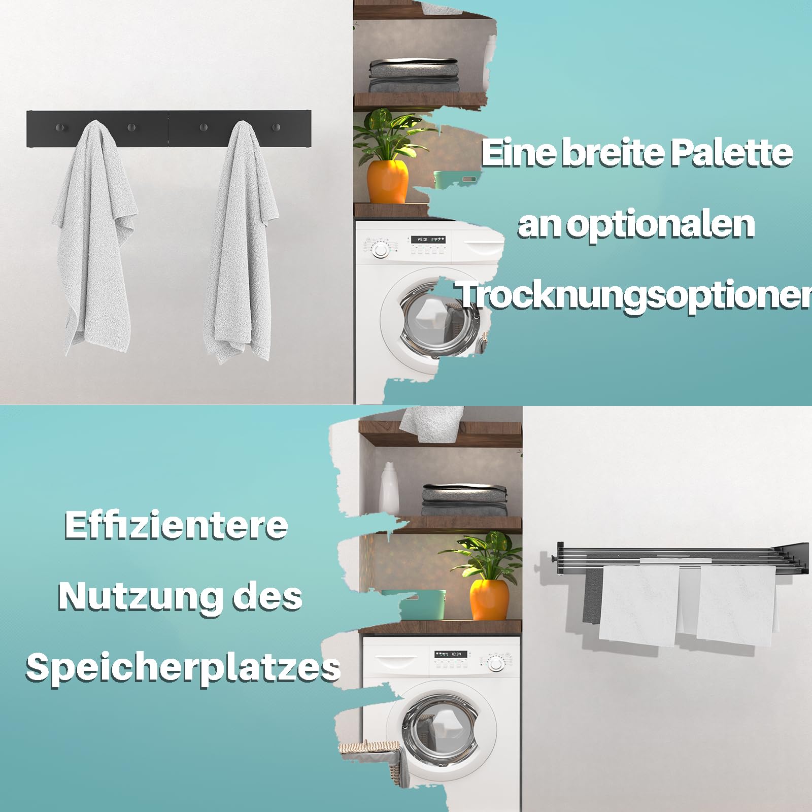 Wäscheständer Wandmontage 80 cm Metall Wäschetrockner Wand Wand mit Extra Kleiderhaken Wandtrockner Ausziehbar für Indoor & Outdoor，Kleine Häuser, Hotels, Wohnungen, Balkone