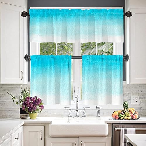 Miniatura 2 de Azure - Cenefas de cocina abstractas de acuarela para ventanas, cortinas opacas de poliéster multicapa para cocina, dormitorio, paquete de 2