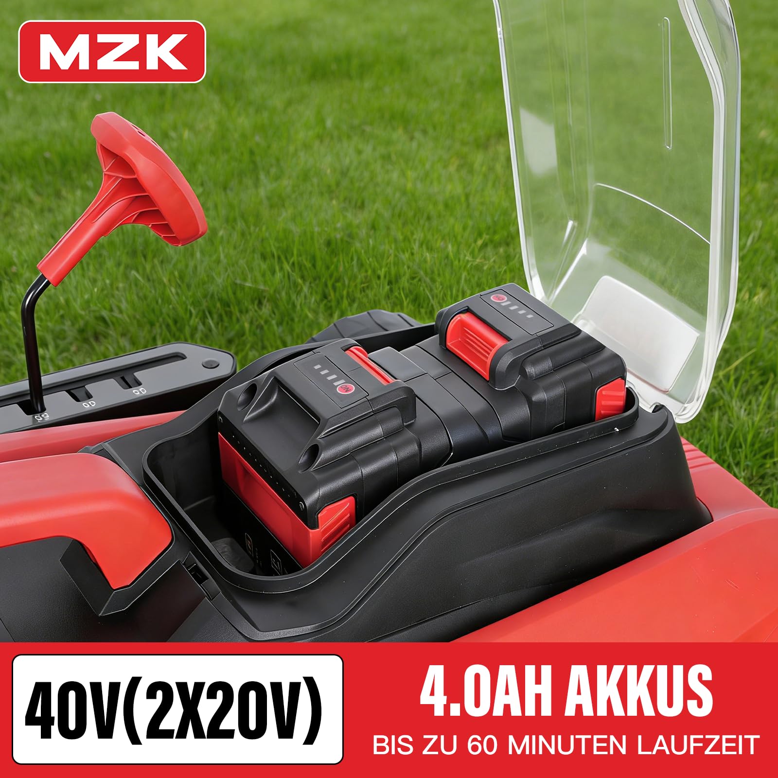 MZK 40V Akku-Rasenmäher, 41 cm Schnittbreite, 2-in-1 Bürstenloser Akku-Rasenmäher, Schiebemäher mit 5-facher Schnitthöhenverstellung, inkl. 2 x 4,0 Ah Akkus & Ladegerät