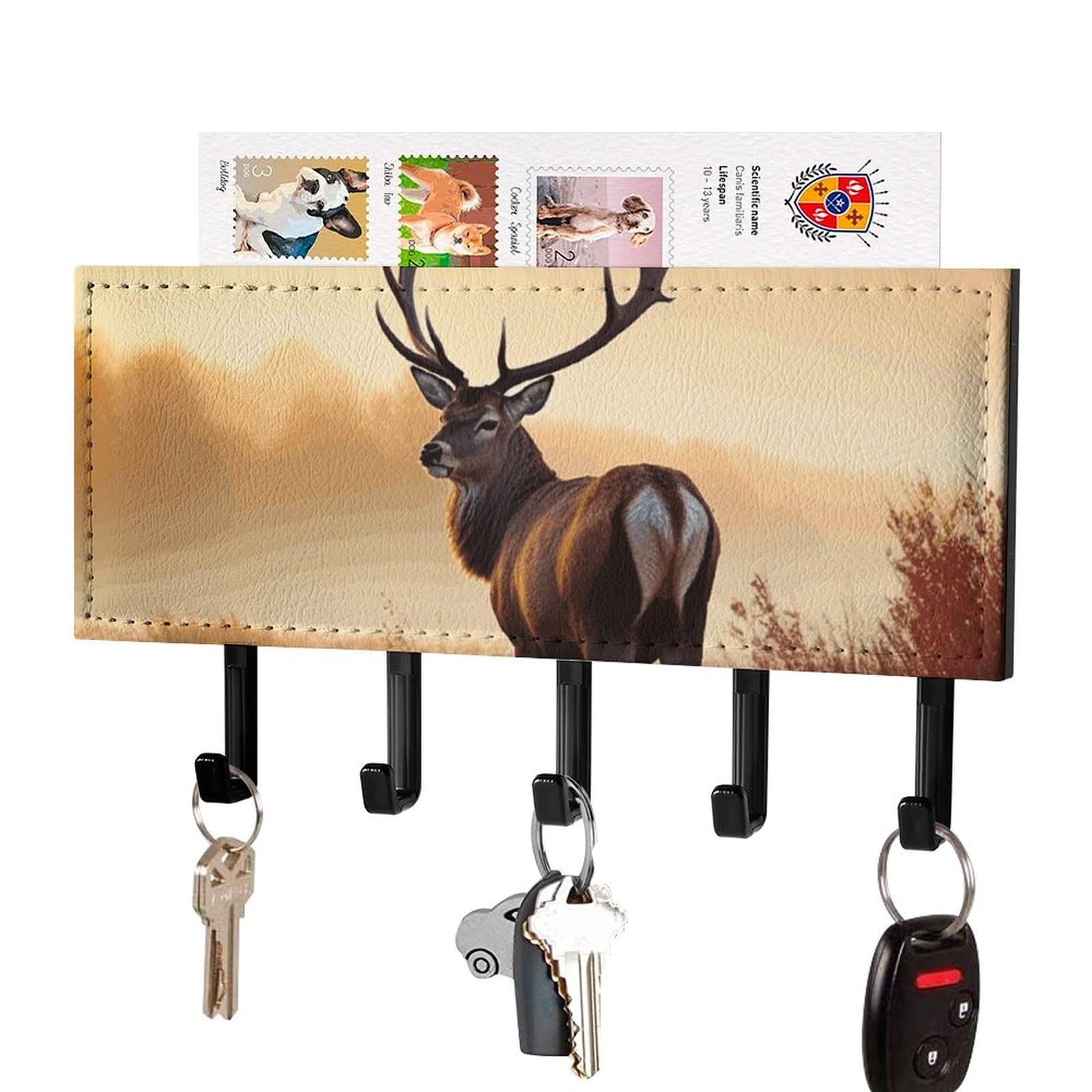 DWVTSLH Landscape Deer Key Holder for Wall, Decorative Key Hooks with Mail Organizer & 5 Hooks, Self Adhesive Leather Key Hanger for Entryway, Wall Mounted Key Rack (7.1” X 4.3” X 0.9”)