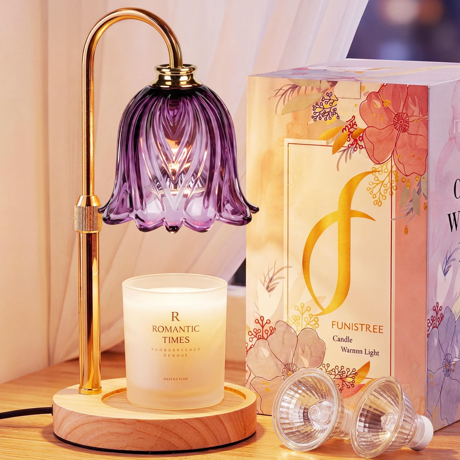 Funistree Purple Candle Warmer Lamp with Dimmer, Gifts for Women Mum Friends, Birthday Presents for Her, Candle Heater Lamp with 2 Bulbs for Scented Candle, New Home Gifts