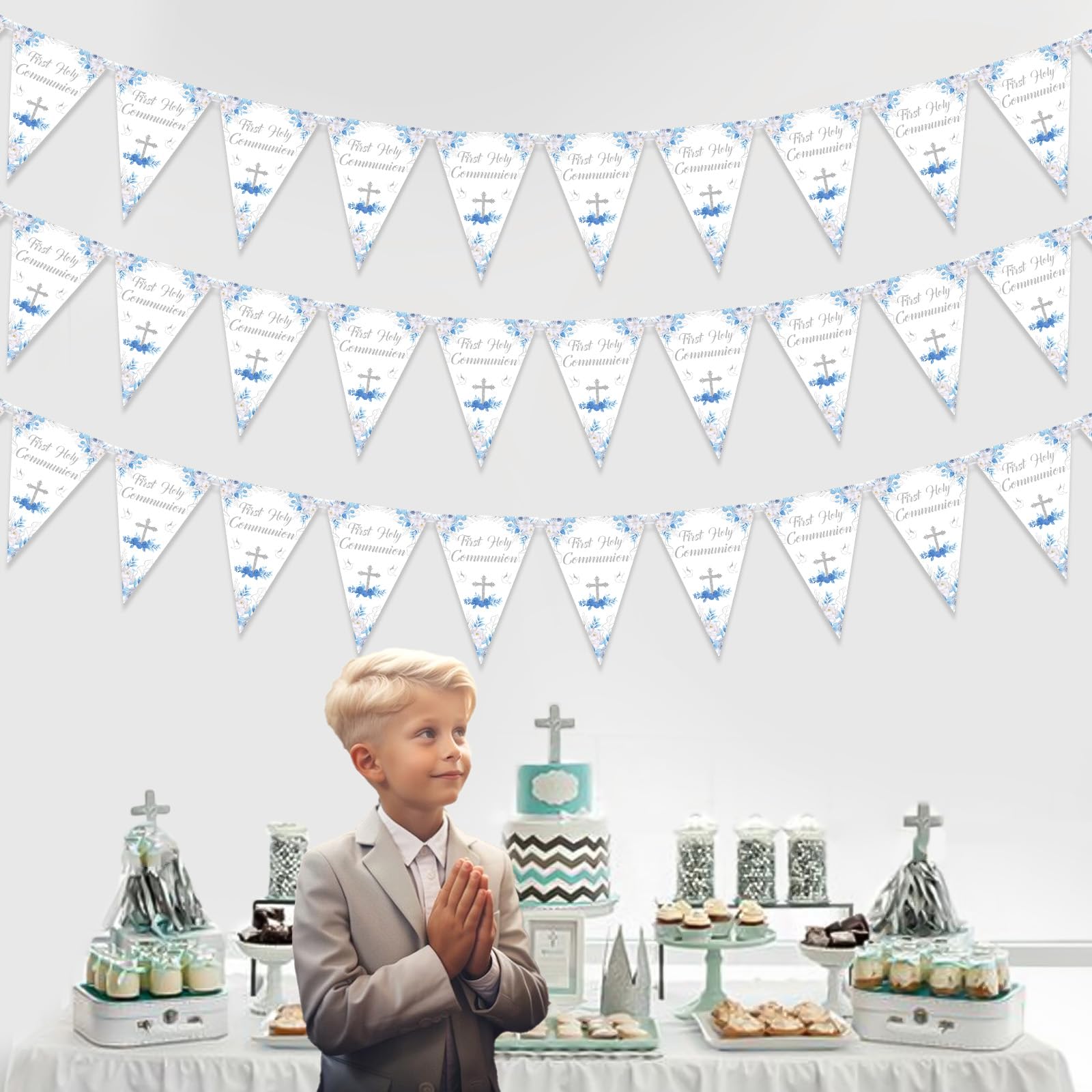 Jollyboom First Holy Communion Decorations for Boys Blue, 3 Pack First Holy Communion Banners, 36pcs Pre-Strung Baptism Flag Bunting Confirmation Decor for Boys First Holy Communion Christening Day - Image 4