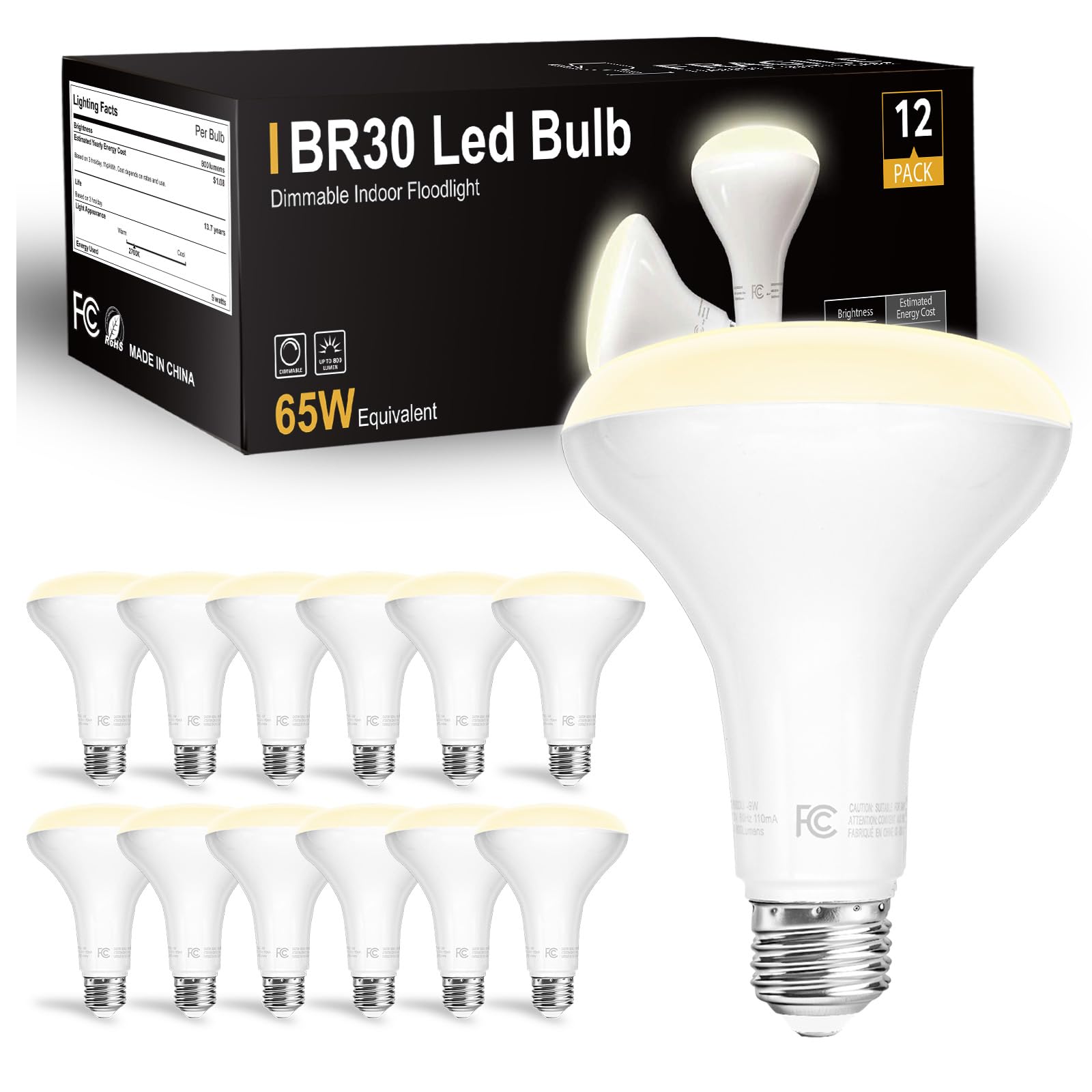 dalattin 12 Pack BR30 LED Bulbs 65W Equivalent, Dimmable Indoor Flood Lights 4000K Neutral White, 9W, 800 Lumens, E26 Base, LED Recessed Light Bulb
