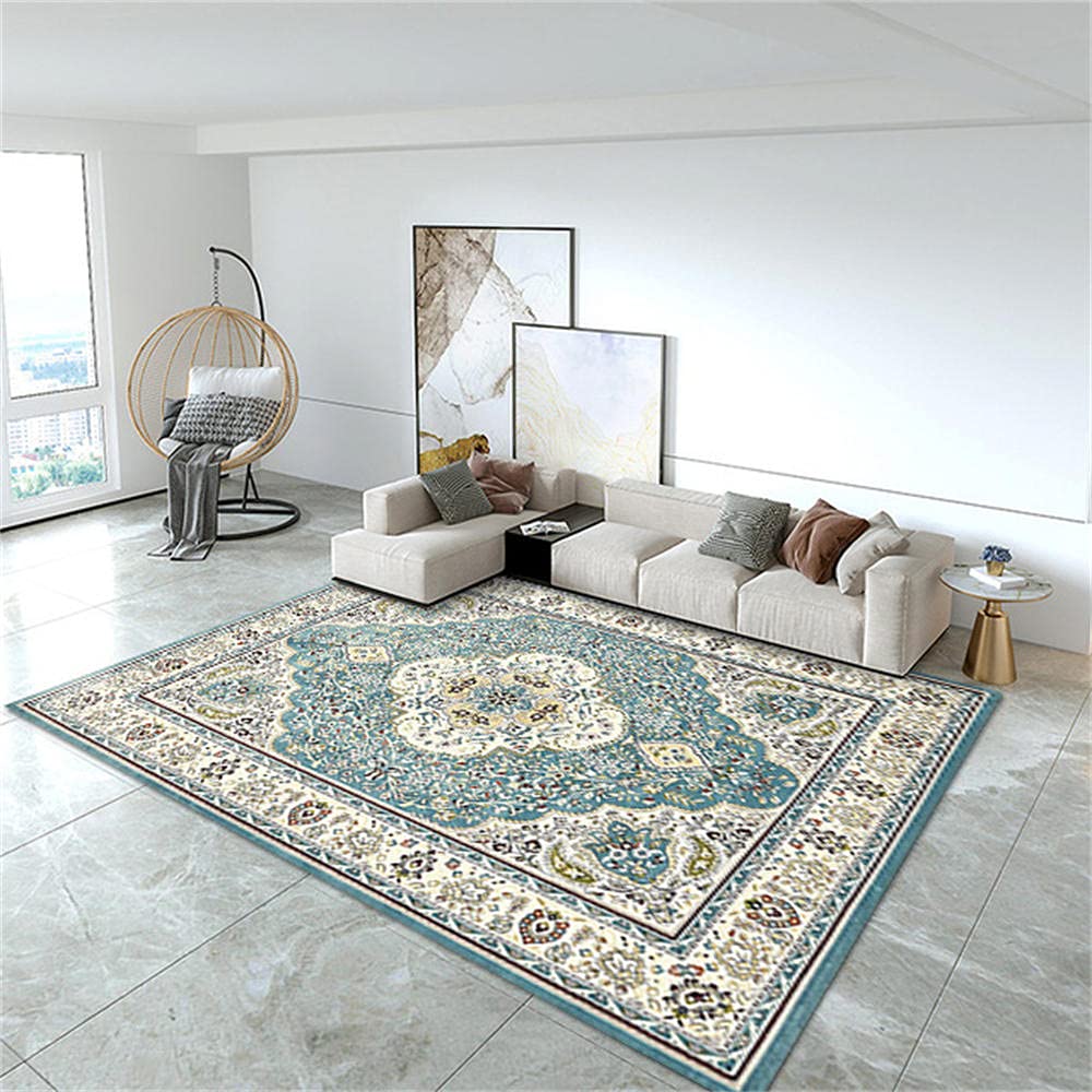 Tapis de chambre enfant bleu imprimé fleuri avec coussin chinois