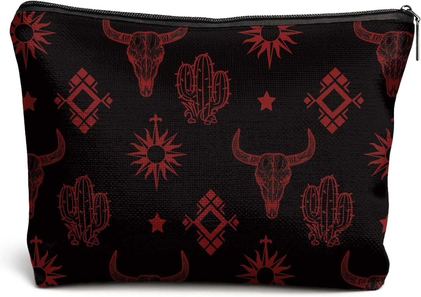 Western Aztec Makeup Bag, Boho Rustic Cow Skull Cactus Southwestern Cosmetic Bags for Women, Vintage Farmhouse Western Makeup Zipper Pouch（(Red and Black)）