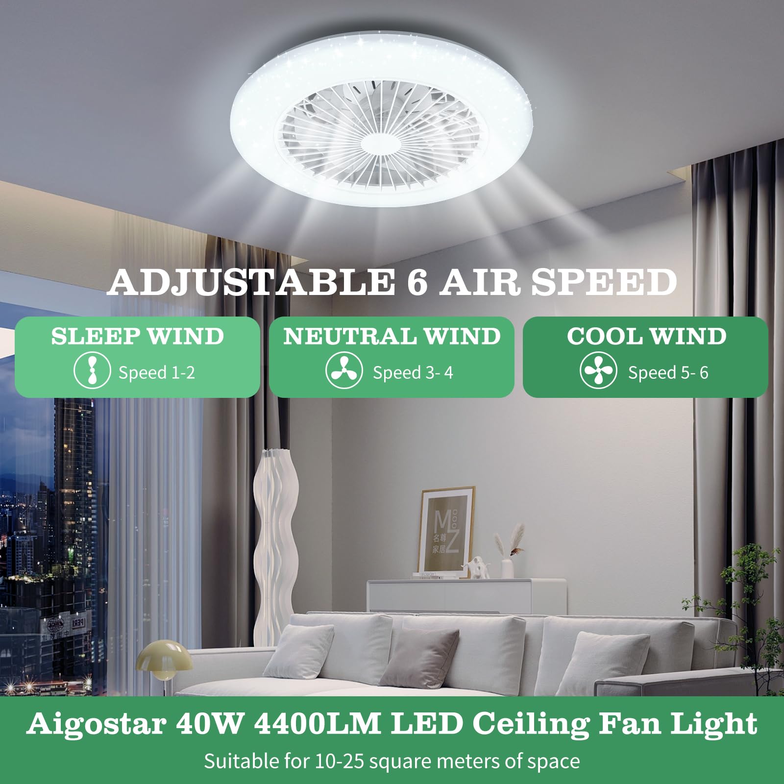 Aigostar Ventilateur de Plafond avec Lumière 40W Silencieux, avec Télécommande, Φ49*14cm, Moteur DC, Réglage luminosité & température couleur, Minuterie, Adapté Cuisine, Chambre, Salon