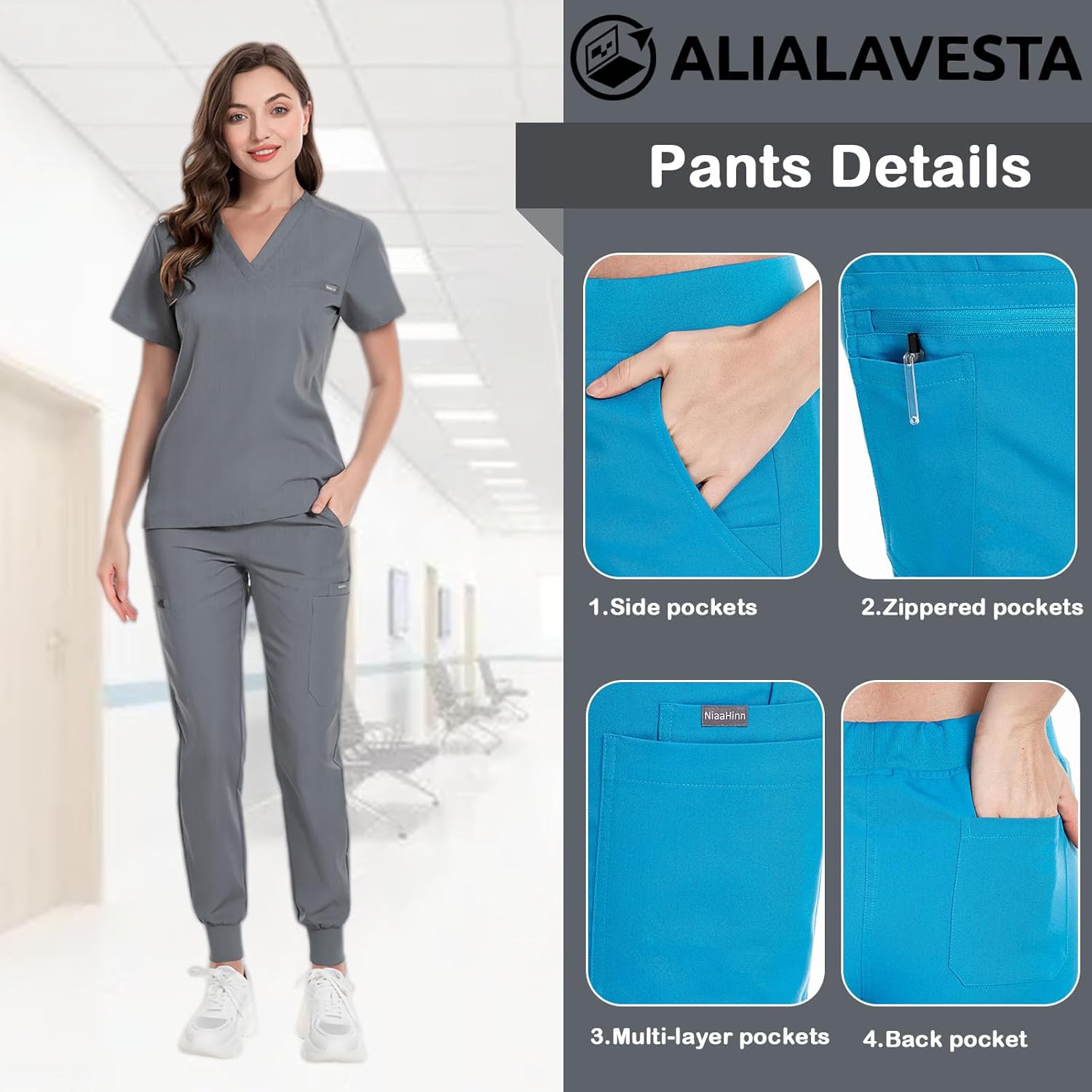 Scrubs Set Three Piece Set Way Stretch Fabric - Stretch V-Neck Scrub Top & Jogger Pant & Scrub Jackets - Image 4