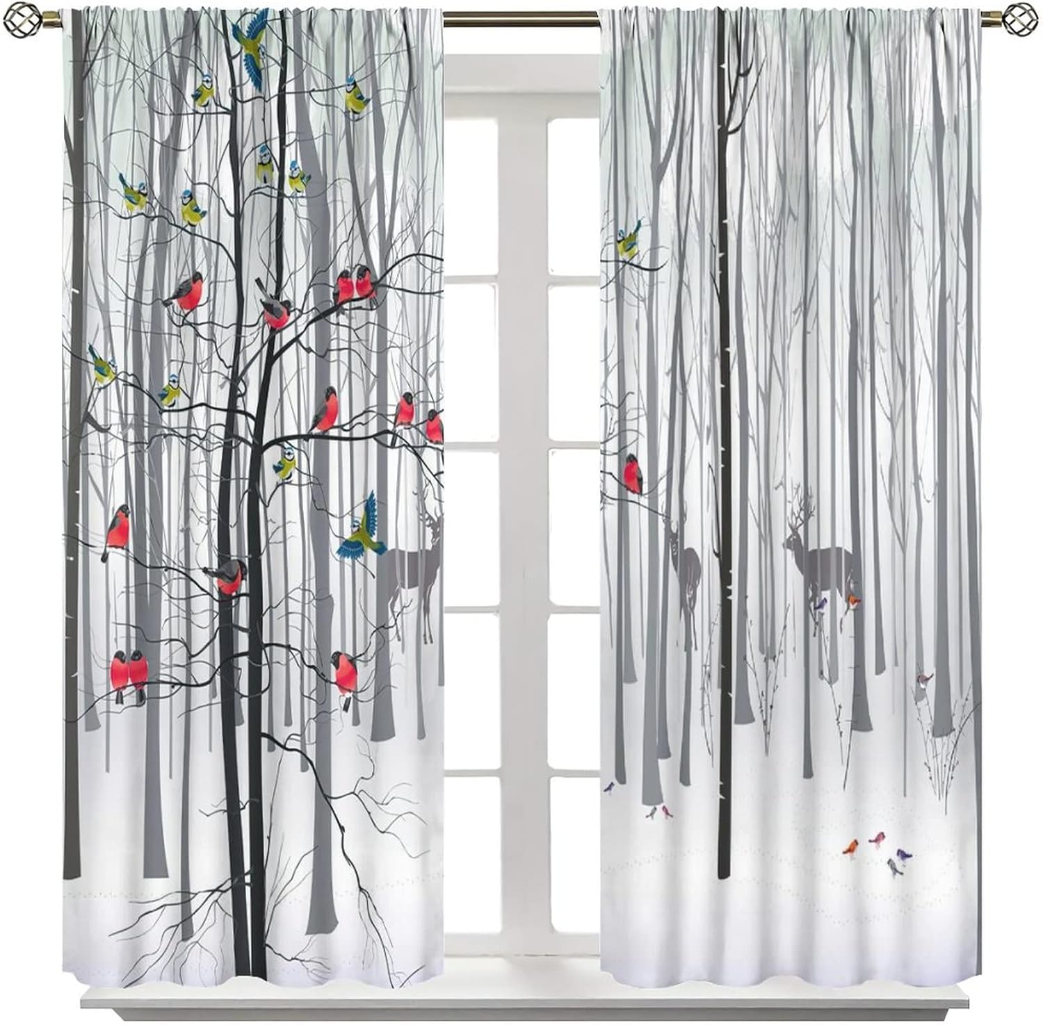 Tree Birds Bathroom Curtains,Abstract Watercolor Birch Tree Bullfinch Deer Forest Home Decor Window Rod Pocket Curtain for Living Room Bedroom W42xL63in