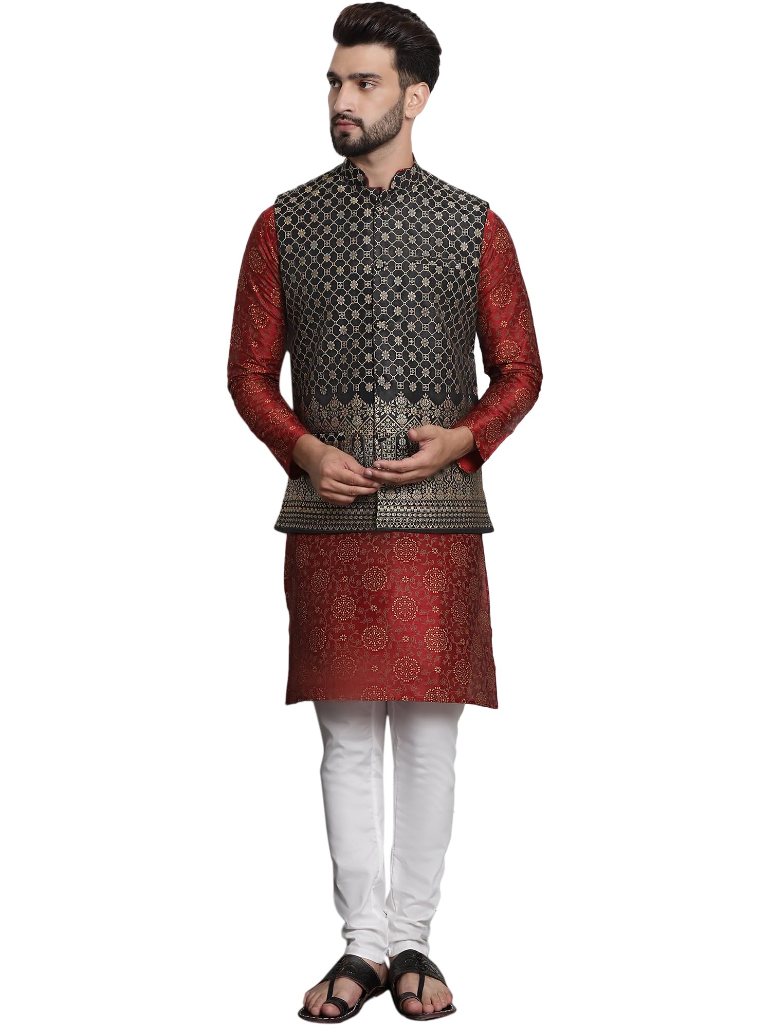 Sojanya (Since 1958 Men's Silk Blend Print Maroon Kurta And Cream Pyjama With Black Nehru Jacket
