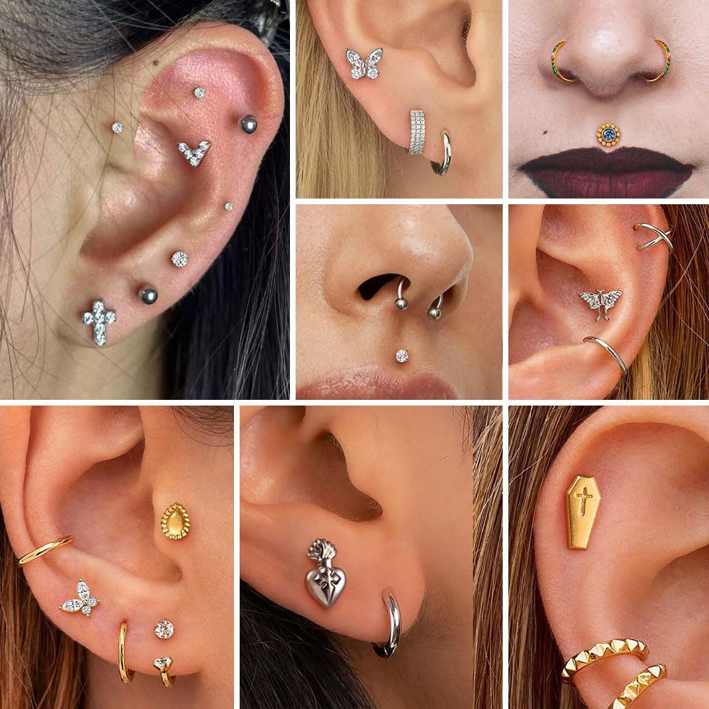 10PCS Random ASTM F136 Titanium Threaded/Threadless Nose Studs Piercing Tops for Conch,Tragus,Helix,Lobe fit All Post Flatback earring nose Jewelry