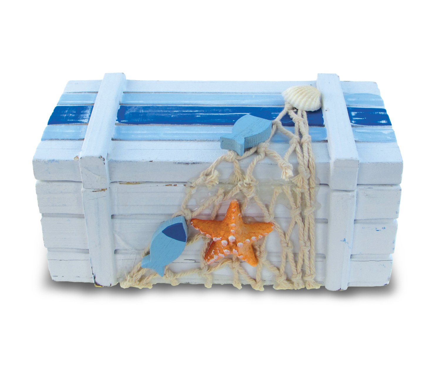 PuzzledSmall Light Blue Striped Wood Jewelry Box, 5 x 2.5" Handcrafted Hinged Lid Starfish Fishes Decorations Keepsake Organizer or Gift Box for Rings, Necklaces & Trinkets - Nautical Marine Life Bea