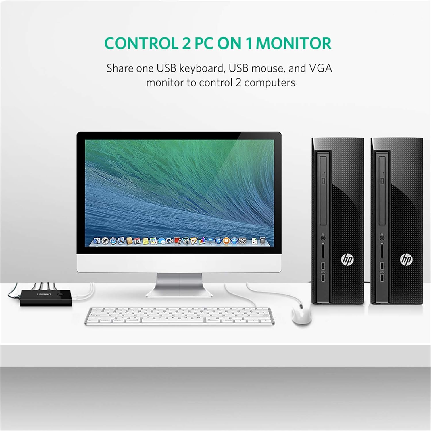 UGREEN USB KVM Switch Box 2 Port VGA Video Sharing Adapter 2 in 1 Out Manual Switcher with USB Cables for Computer PC Laptop Desktop Monitor Printer Keyboard Mouse Control