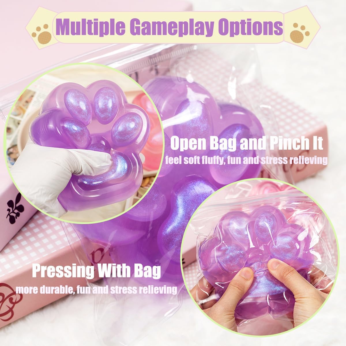 4.72in Large Cat Paw Taba Squishy Toy, Purple Big Glitter Cat Paw Squeeze Toys, Kitty Fidget Toy for Stress Relief, Cute Cat Paw Sensory Fidget Toy, Pinch Toys Family Squishy for Adults (1pcs)