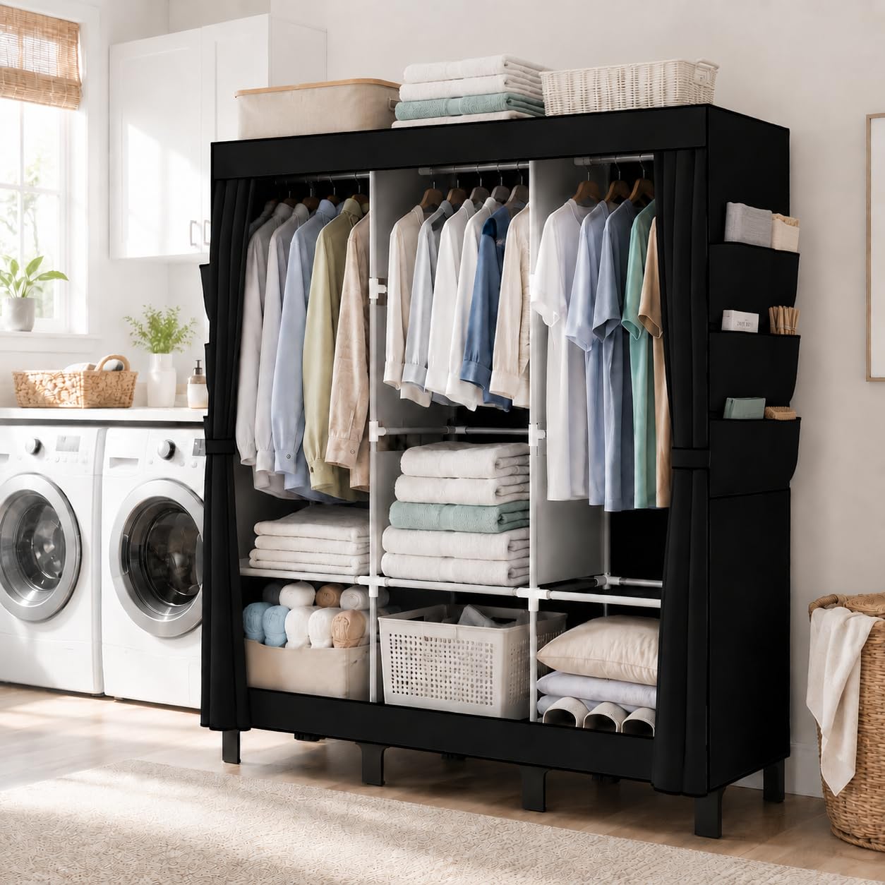 Kleiderschrank Stoffschrank mit Kleiderstange, Stabiler Tragbarer Kleiderschrank mit Überzug für Schlafzimmer und Ankleidezimmer