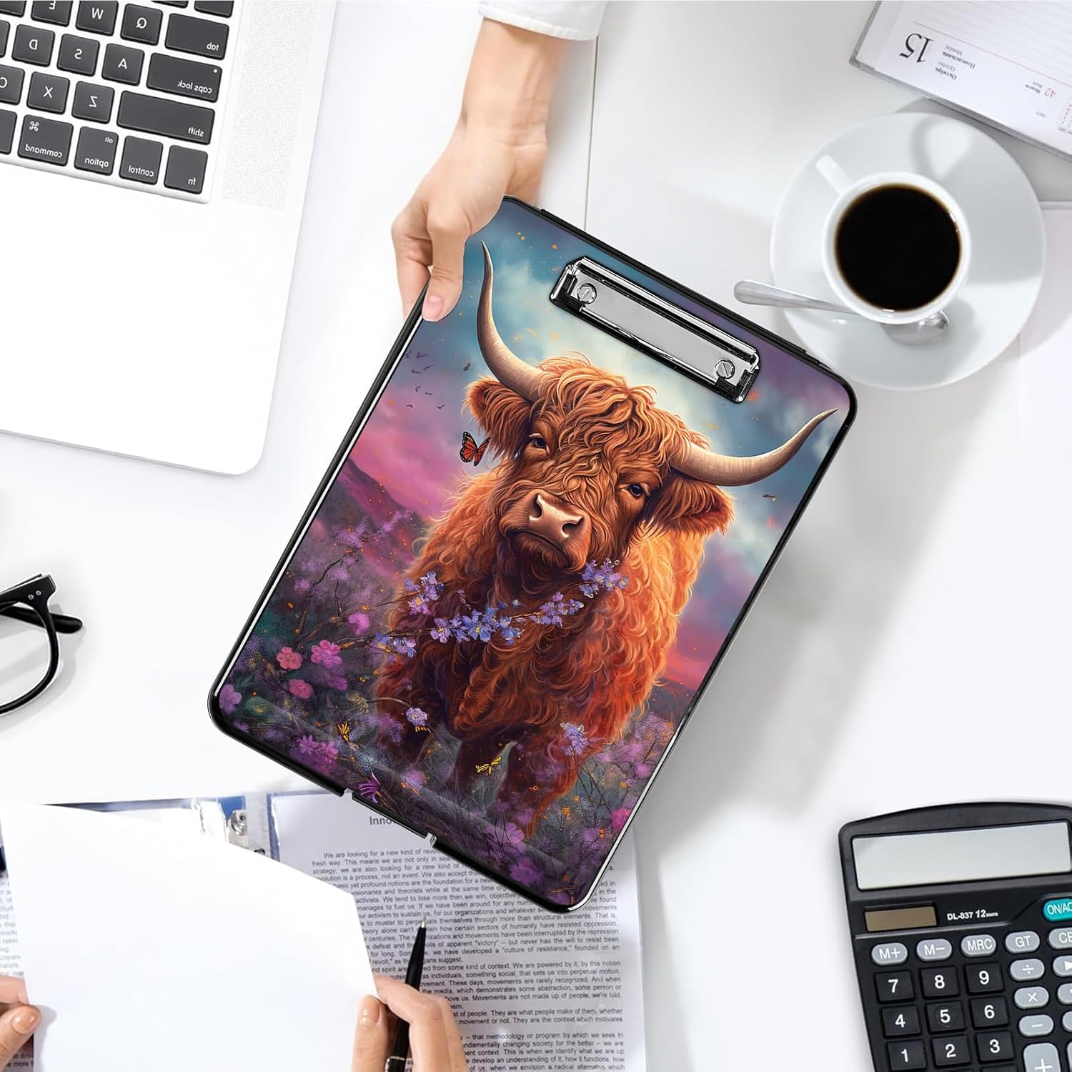 Clipboard with Storage,Clipboards with Pen Holder,Cute Pattern Plastic Nursing Clipboards for Women Men Teachers Work,School,Office Supplies-Cute Highland Cow