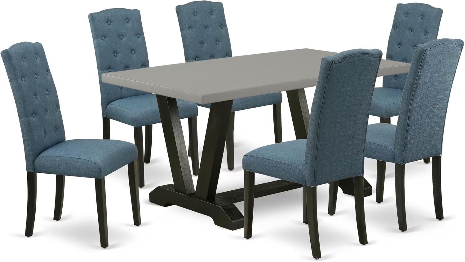 East West Furniture V696CE121-7 7 Piece Dining Room Set Consist of a Rectangle Dining Table with V-Legs and 6 Mineral Blue Linen Fabric Parson Chairs, 36x60 Inch, Multi-Color